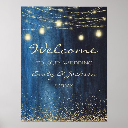 Begrüßung von Navy Blue Gold String Lights Poster (Vorne)
