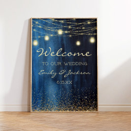 Begrüßung von Navy Blue Gold String Lights Poster
