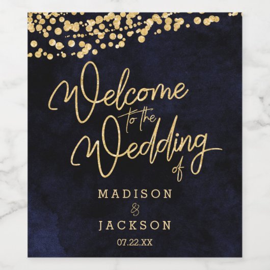 Begrüßung von Navy Blue Watercolor & Gold Weinetikett (Einzelnes Label)