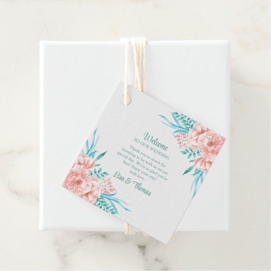 Begrüßung von Pfirsich und türkisfarbenen Blumen Geschenkanhänger (Beispiel)