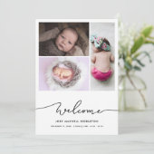 Begrüßung von Script Baby Foto Geburtserklärung Ankündigung (Stehend Vorderseite)