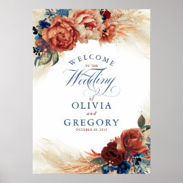 Begrüßung von Terracotta und Navy Blue Floral Poster