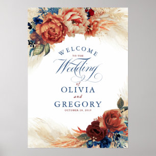 Begrüßung von Terracotta und Navy Blue Floral Poster