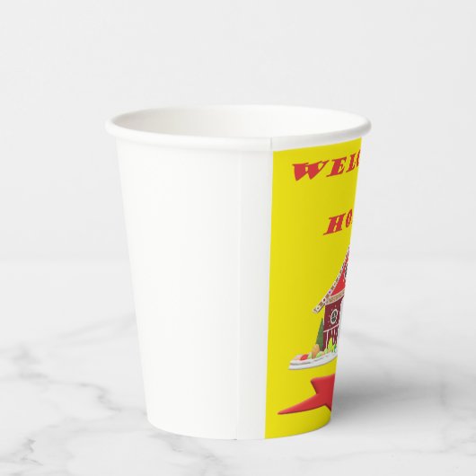 Begrüßung von Zuhause-Design, hellgelb und rot Pappbecher (Rechts)