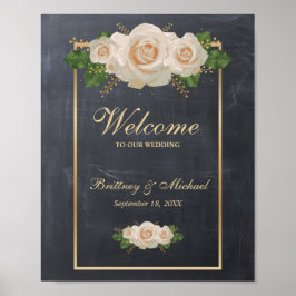 Begrüßung Weißer Rosen Gold Rahmen | Hochzeit Poster