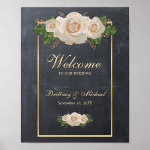 Begrüßung Weißer Rosen Gold Rahmen   Hochzeit Poster