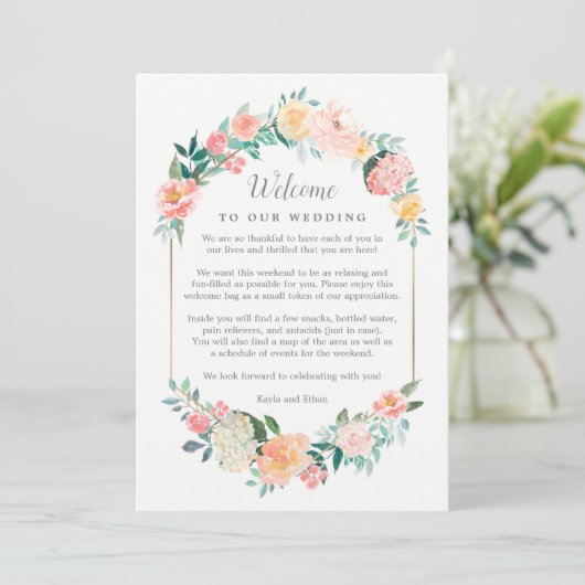 Begrüßungs- und Reisekarte für Blush Floral Einladung (Stehend Vorderseite)