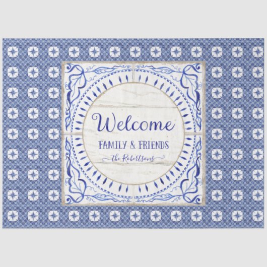 Begrüßungsbauernhof Tile Blue White Family Decoupa Seidenpapier (Vorderseite)