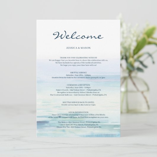 Begrüßungsbrief für die Hochzeit am Strand Programm (Stehend Vorderseite)