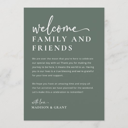 Begrüßungsbrief und Wochenendzeitkarte Menükarte (Vorderseite)