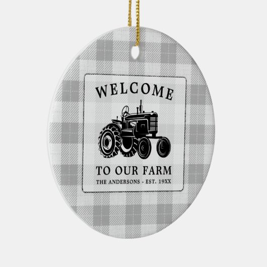 Begrüßungsfamilie Name Farm Traktor Weiß Kariert Keramik Ornament (Rechts)