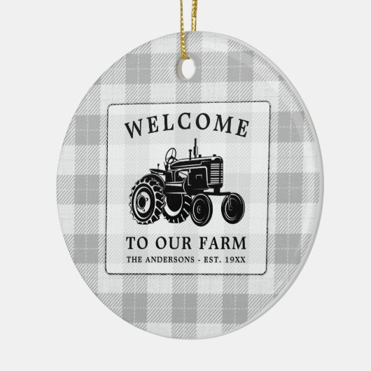 Begrüßungsfamilie Name Farm Traktor Weiß Kariert Keramik Ornament (Links)
