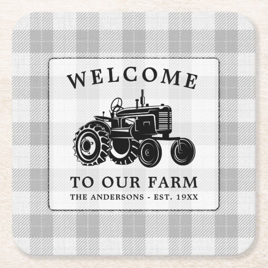 Begrüßungsfamilie Name Farm Traktor Weiß Kariert Rechteckiger Pappuntersetzer (Vorderseite)