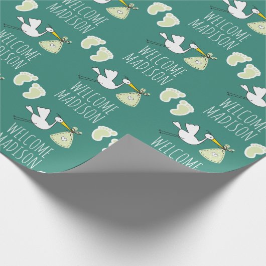 BegrüßungsjungBaby | Grüner Storch & Fußabdruck Geschenkpapier (Ecke)