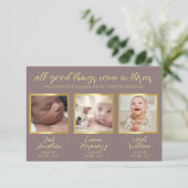 Begrüßungskarte für die Geburt von Triplet-Babys Dankeskarte (Stehend Vorderseite)