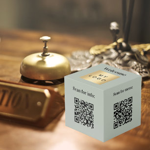 Begrüßungslogo QR-Code Oliven-grüne Info-Tabelle Würfel