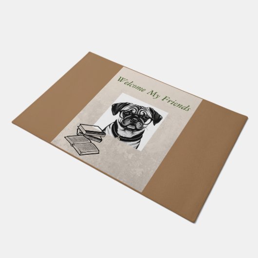 Begrüßungsmatte mit Dackel Mops Mix in Brille Fußmatte (Schrägansicht)