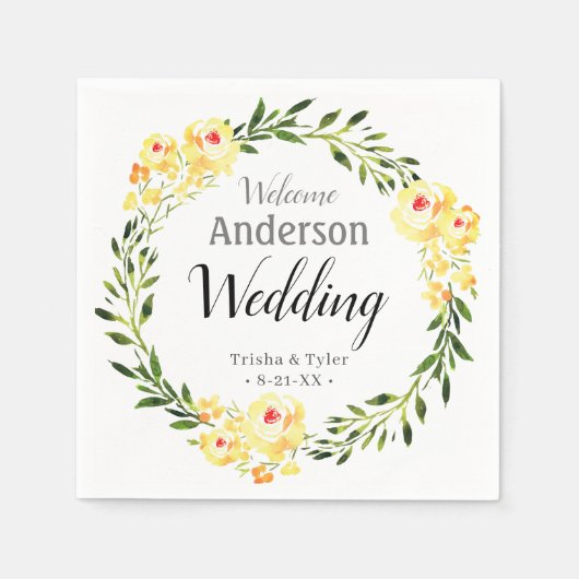 Begrüßungsnamen/Datum Gelbe W/Blume Hochzeit Serviette (Vorderseite)