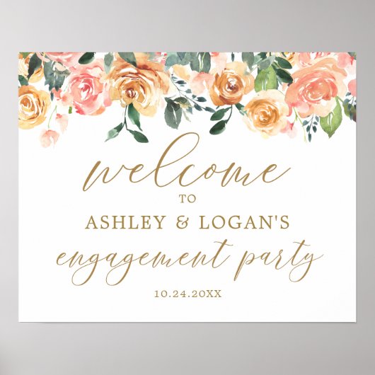 Begrüßungspalette für Gold Peach Floral Engagement Poster (Vorne)