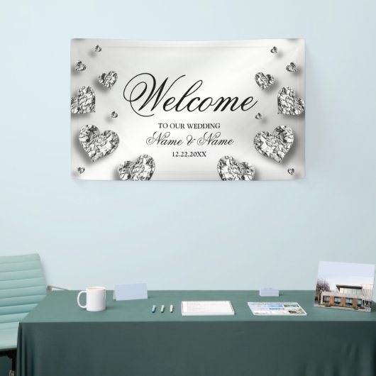 Begrüßungsparty Silver Hearts Gray Elegant Banner (Messeveranstaltung)
