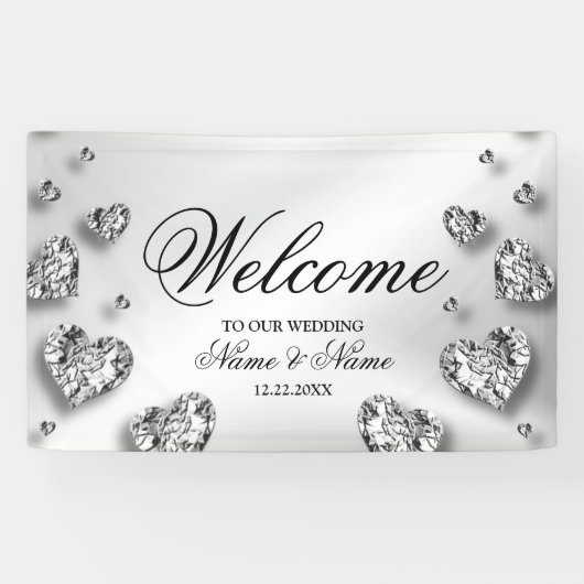 Begrüßungsparty Silver Hearts Gray Elegant Banner (Horizontal)