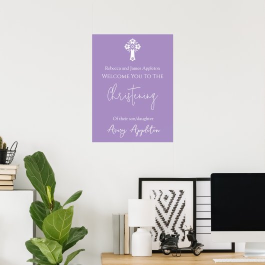 Begrüßungsposter Floral Cross Christening Lilac Poster (Heimbüro)