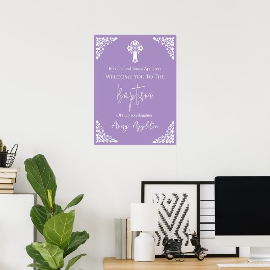 Begrüßungsposter Floral Cross Christening Lilac Poster (Heimbüro)