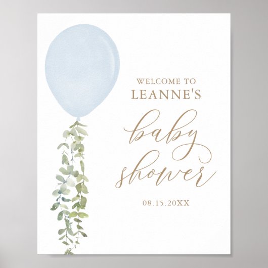 Begrüßungsschild Blue Ballon Eucalyptus Baby Dusch Poster (Vorne)