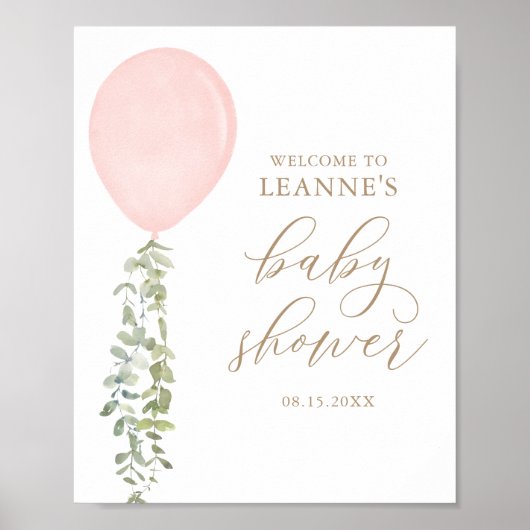 Begrüßungsschild Pink Ballon Eukalyptus Baby Dusch Poster (Vorne)