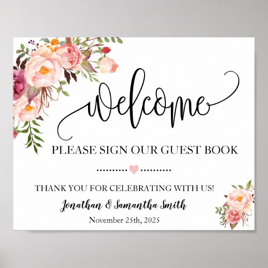 Begrüßungsschild unser Gästebuch Hochzeit pink flo (Vorne)