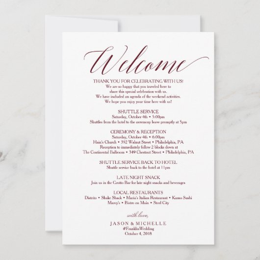 Begrüßungsschreiben für Burgund-Script-Hochzeit Einladung (Vorderseite)