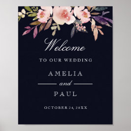 Begrüßungssignatur-Navy-Pink-Aquarell-Peonies Poster