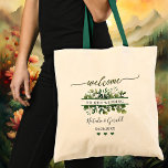 Begrüßungsskript Greenerity Wedding Tote Bag Tragetasche<br><div class="desc">Eine elegante Hochzeitstasche mit einem stilisierten grünen Begrüßungstext und Grün. Wunderschön für Familien oder Hochzeitsjungfrauen,  für einen Garten oder für ein grünes Themenevent.</div>