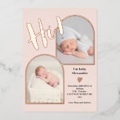 Begrüßungsskript Herz Foto Geburt Rose Gold für Folieneinladung (Vorderseite)