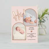 Begrüßungsskript Herz Foto Geburt Rose Gold für Folieneinladung (Stehend vorne)