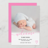 Begrüßungsskript Herz Foto rosa Geburt Ankündigung (Vorne/Hinten)