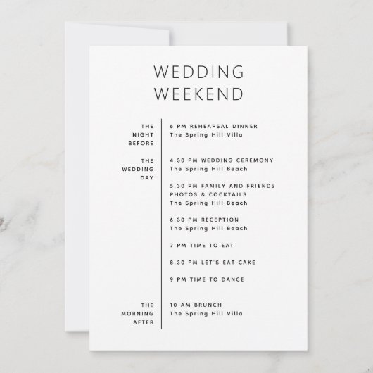 Begrüßungstasche. Zeitplan für das Wochenende Einladung (Rückseite)