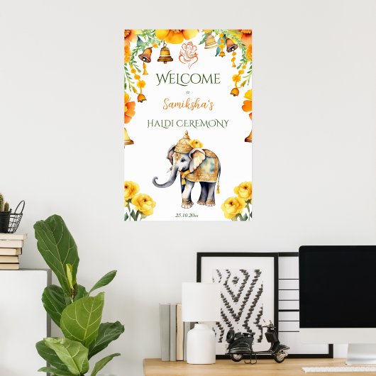 Begrüßungszeichen des Haldi-Indischen Hochzeitelef Poster (Heimbüro)