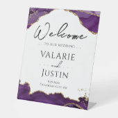 Begrüßungszeichen des lila Gold Glitzer Agate Sockelschild (Vorderseite)