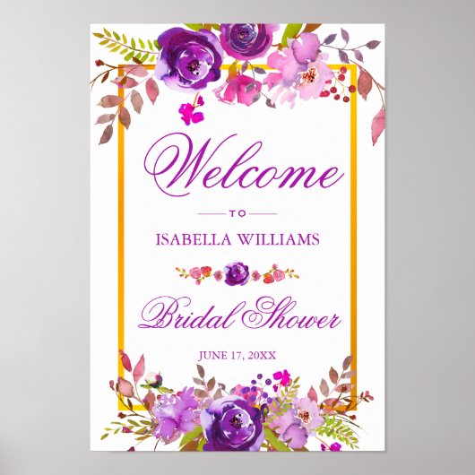 Begrüßungszeichen | Eleganter Chic Gold Lila Blüte Poster (Vorne)