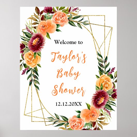 Begrüßungszeichen für Burgundy Orange Floral Baby Poster (Vorne)