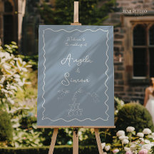 Begrüßungszeichen für handgezeichnete blaue Hochze