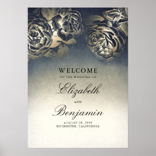 Begrüßungszeichen für Hochzeiten in Blau und Gold Poster