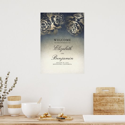 Begrüßungszeichen für Hochzeiten in Blau und Gold Poster (Küche)