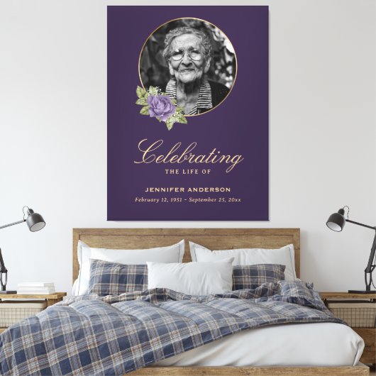 Begrüßungszeichen für lila Gold-Floral-Foto Leinwanddruck (Insitu (Schlafzimmer))
