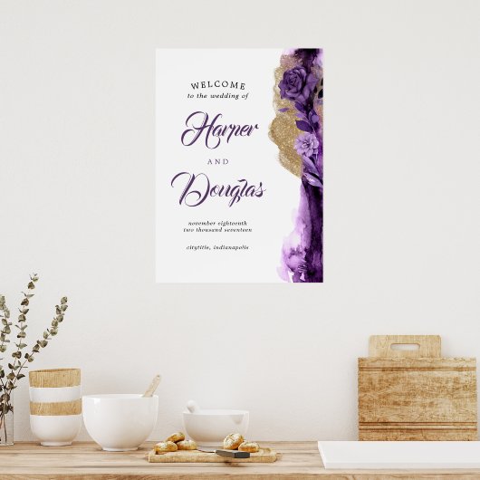Begrüßungszeichen für lila und goldene Hochzeiten Poster (Küche)