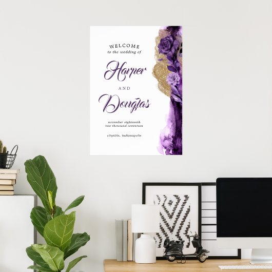 Begrüßungszeichen für lila und goldene Hochzeiten Poster (Heimbüro)