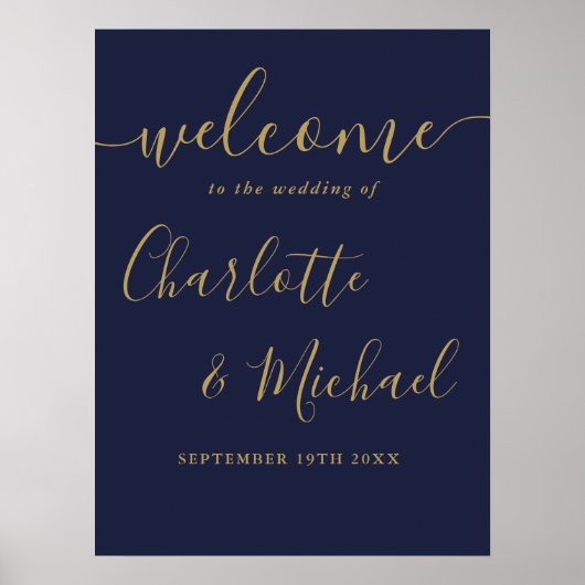 Begrüßungszeichen für Navy Blue und Gold Script Poster (Vorne)