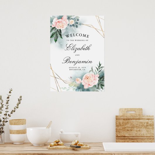 Begrüßungszeichen für Rosa Blume und Goldrahmen Poster (Küche)