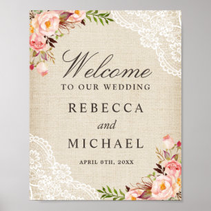 Begrüßungszeichen für Rustic Burlap Lace Floral We Poster